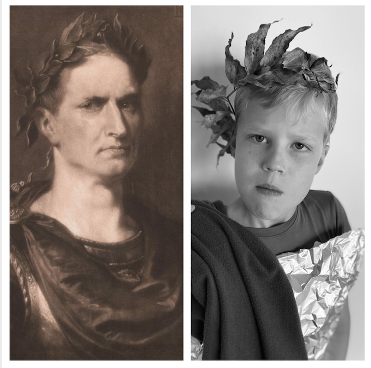 Eliot Brookshire employs her fourth-grade brother, Knox, as the model to recreate an Emperor Augustus painting.