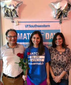 Priyanka Gaur, M.D., M.P.H. on UT Southwestern’s Match Day with her father, Yogesh Gaur, and mother, Dr. Sunita Gaur.